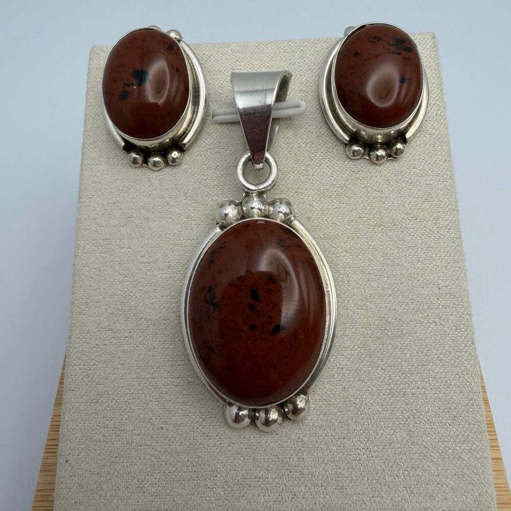 Vintage Taxco Mexico 925 Sterling Silver Mahogany Obsidian Pendant Earrings Set